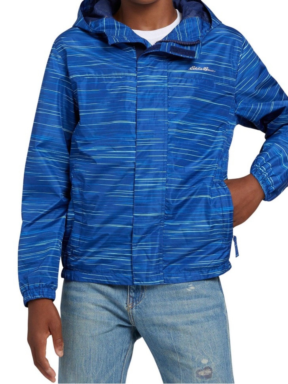 Eddie Bauer Kids XS 5/6 Blue Striped Hooded Rain Jacket